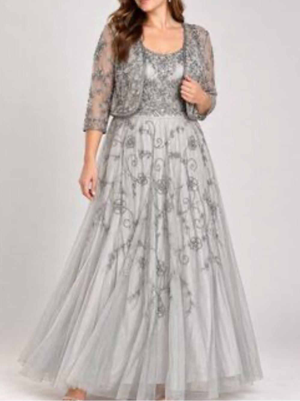 NWT Pissaro Nights Womens Gray Beaded Chiffon Mesh Gown With Beaded Jacket, Sz 6